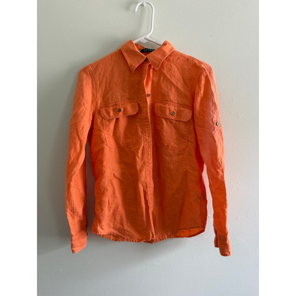 Lauren Ralph Lauren | Vibrant Orange Linen Women’s Long Sleeve Button Down Sz S - Picture 2 of 11